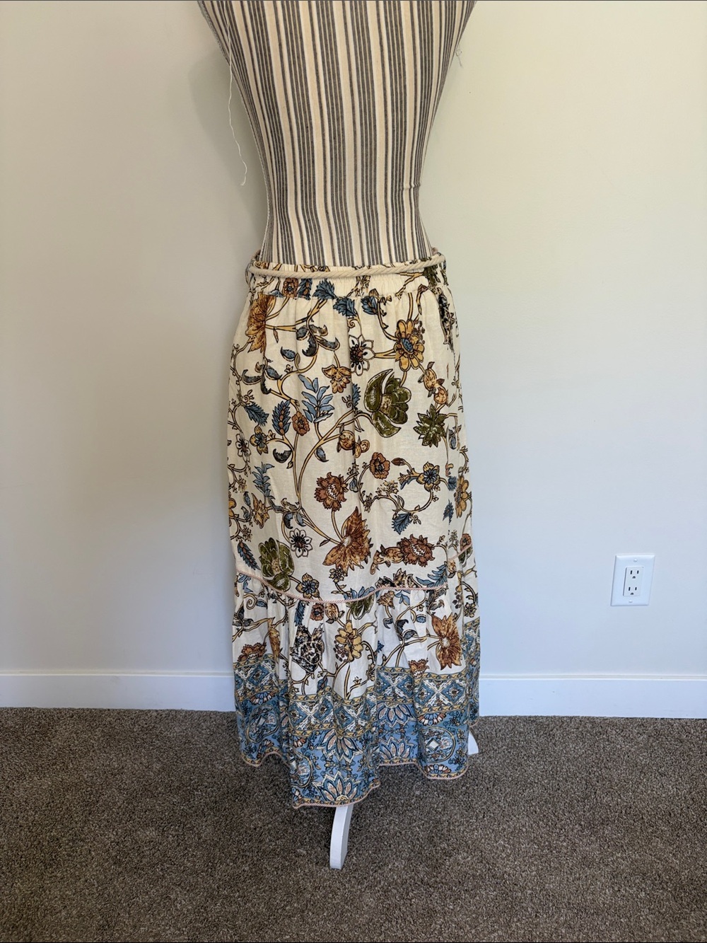Calypso- Floral Tiered Maxi Skirt in Cream with Blue and Brown Accents - Picture 6 of 12